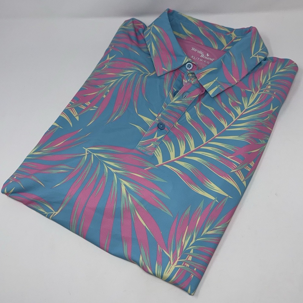 Golf Polo Pink/Turquoise Stretch Birdie Bound Men's XL Tropical Leaf